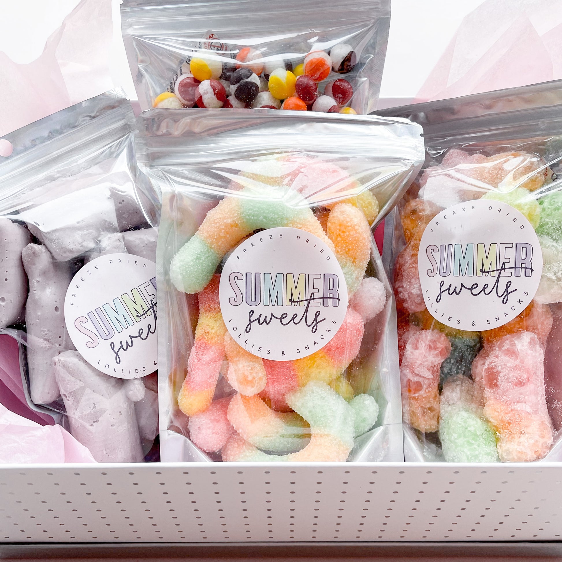 freeze dried sour worms as part of a sour gift box 